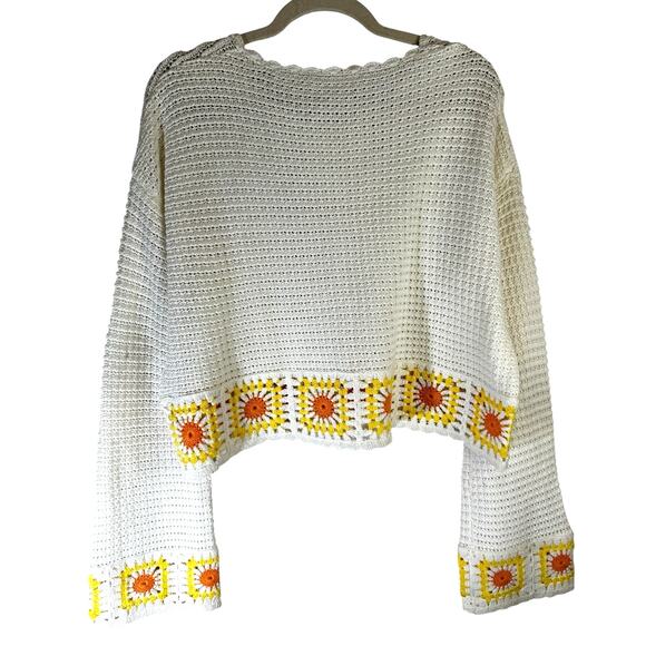 Women Crochet Bell Sleeve Sweater Open Weave Boho Granny Square Festival Cottage - Picture 2 of 9